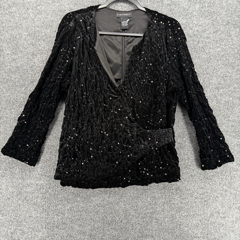 Cachet Blouse Top Womens XL Black Velvet Sequins Wrap V-Neck Evening Event Party